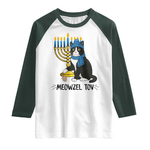 Meowzel Tov Raglan Shirt Black Cat Playing Dreidel Menorah Hanukkah Gift TS12 White Dark Forest Green Print Your Wear
