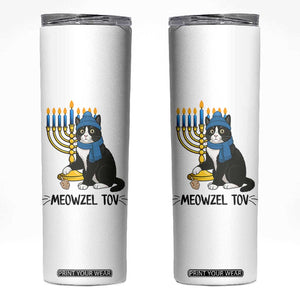 Meowzel Tov Skinny Tumbler Black Cat Playing Dreidel Menorah Hanukkah Gift TS12 White Print Your Wear