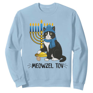 Meowzel Tov Sweatshirt Black Cat Playing Dreidel Menorah Hanukkah Gift TS12 Light Blue Print Your Wear