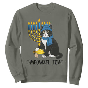 Meowzel Tov Sweatshirt Black Cat Playing Dreidel Menorah Hanukkah Gift TS12 Military Green Print Your Wear