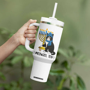 Meowzel Tov Tumbler With Handle Black Cat Playing Dreidel Menorah Hanukkah Gift TS12 Print Your Wear