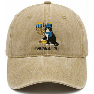 Meowzel Tov Washed Cotton Baseball Cap Black Cat Playing Dreidel Menorah Hanukkah Gift TS12 Print Your Wear