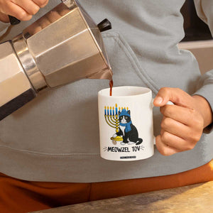 Meowzel Tov Coffee Mug Black Cat Playing Dreidel Menorah Hanukkah Gift TS12 Print Your Wear