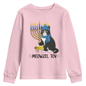 Meowzel Tov Youth Sweatshirt Black Cat Playing Dreidel Menorah Hanukkah Gift TS12 Light Pink Print Your Wear
