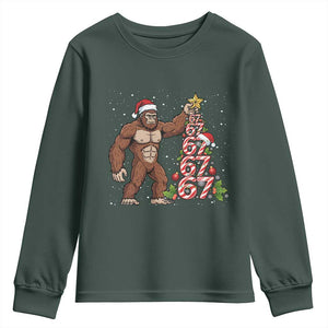 Bigfoot Christmas Tree 67 Youth Sweatshirt Holiday Six Seven Meme Brainrot Gift TS12 Dark Forest Green Print Your Wear