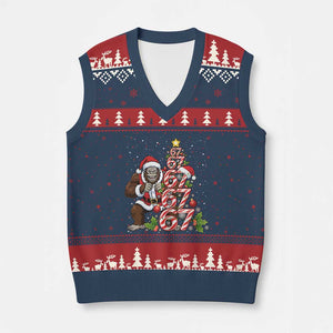 Trending Six Seven Meme Bigfoot Xmas Tree V-Neck Knit Sweater Vest Holiday Gift TS12 Navy Red Print Your Wear