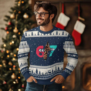 Bigfoot Six Seven Meme Ugly Christmas Sweater 67 Viral Gen Alpha Slang Gift TS12 Navy Beige Print Your Wear