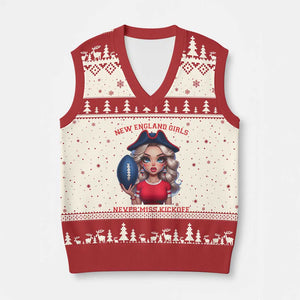 Funny East Coast Football Girl Fan V-Neck Knit Sweater Vest NE Girls Never Miss Kickoff TS12 Beige Red Print Your Wear
