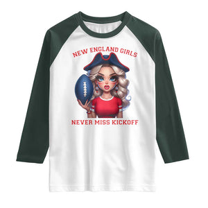 Funny East Coast Football Girl Fan Raglan Shirt NE Girls Never Miss Kickoff TS12 White Dark Forest Green Print Your Wear