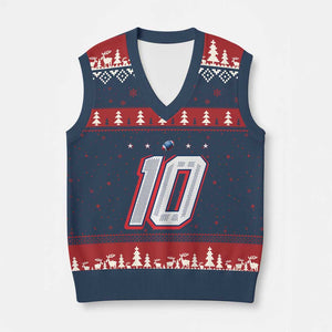 Football Quarterback Number 10 V-Neck Knit Sweater Vest Sport Lover Gift For NEF TS12 Navy Red Print Your Wear