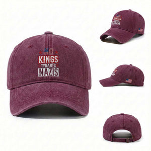 American Democracy Washed Cotton Baseball Cap No Kings No Tyrants No Nazis TS12 Washed Cap Universal Fit Burgundy Print Your Wear