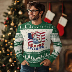 No Kings Live Here Ugly Christmas Sweater Funny Rosie The Riveter Cat Feminist Gift TS12 Beige Green Print Your Wear