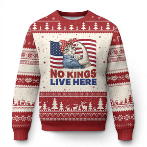 No Kings Live Here Ugly Christmas Sweater Funny Rosie The Riveter Cat Feminist Gift TS12 Beige Red Print Your Wear