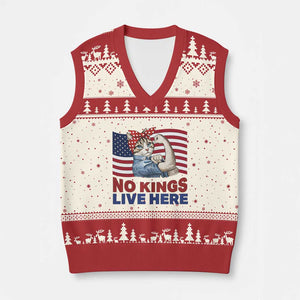 No Kings Live Here V-Neck Knit Sweater Vest Funny Rosie The Riveter Cat Feminist Gift TS12 Beige Red Print Your Wear