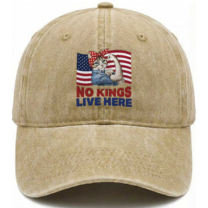 No Kings Live Here Washed Cotton Baseball Cap Funny Rosie The Riveter Cat Feminist Gift TS12 Print Your Wear