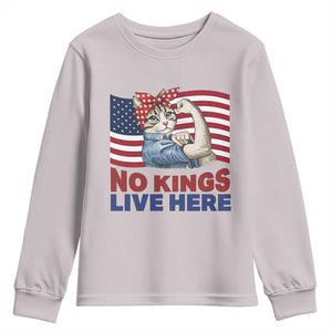 No Kings Live Here Youth Sweatshirt Funny Rosie The Riveter Cat Feminist Gift TS12 Ice Gray Print Your Wear