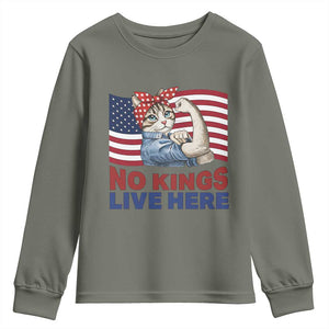 No Kings Live Here Youth Sweatshirt Funny Rosie The Riveter Cat Feminist Gift TS12 Military Green Print Your Wear