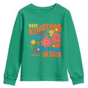 No Kings Wildflower Protest Youth Sweatshirt No Fascists No Tyrants No Nazis TS12 Irish Green Print Your Wear