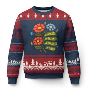 Wildflower Protest Freedom Gift Ugly Christmas Sweater No Kings No Fascists No Tyrants TS12 Navy Red Print Your Wear