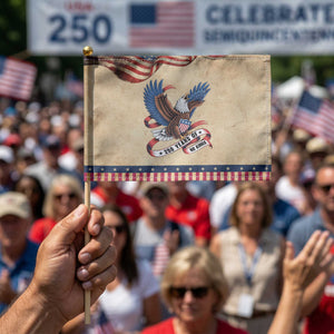 250 Years of No Kings Patriotic Handheld Flag USA 250th Anniversary Freedom Eagle TS12 Vintage 8.2" × 5.5" Rustic Tan Navy Print Your Wear