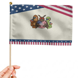 Funny Bigfoot Mothman Alien Patriotic Handheld Flag USA 250th Anniversary TS12 Modern 8.2" × 5.5" Beige Blue Print Your Wear