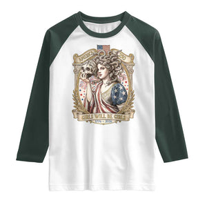 Feminist Medusa Girls Will Be Girls Raglan Shirt USA 250 Anniversary Gift TS12 White Dark Forest Green Print Your Wear