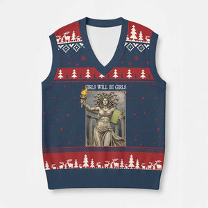 Funny Feminist Medusa Statue Of Liberty V-Neck Knit Sweater Vest Girls Will Be Girls TS12 Navy Red Print Your Wear