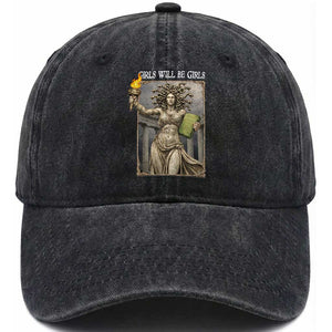 Funny Feminist Medusa Statue Of Liberty Washed Cotton Baseball Cap Girls Will Be Girls TS12 Washed Cap Universal Fit Black Print Your Wear