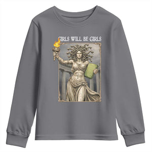 Funny Feminist Medusa Statue Of Liberty Youth Sweatshirt Girls Will Be Girls TS12 Charcoal Print Your Wear