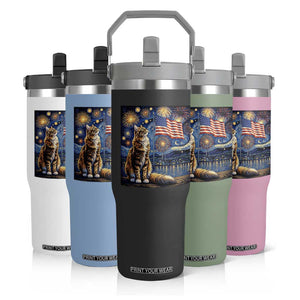 Patriotic Starry Night Cat Flip Straw Tumbler Cat Lover Gift TS12 Print Your Wear