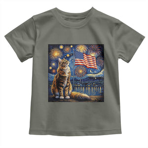 Patriotic Starry Night Cat Toddler T Shirt Cat Lover Gift TS12 Military Green Print Your Wear
