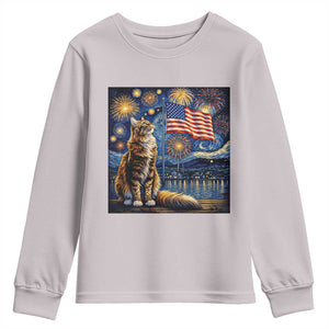 Patriotic Starry Night Cat Youth Sweatshirt Cat Lover Gift TS12 Ice Gray Print Your Wear