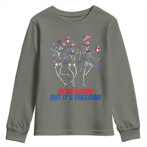 Patriotic Dancing Skeleton Youth Sweatshirt Dead Inside But Its Freedom TS12 Military Green Print Your Wear