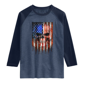Patriotic Skull American Flag USA Pride Raglan Shirt TS12 Heather Denim Navy Print Your Wear
