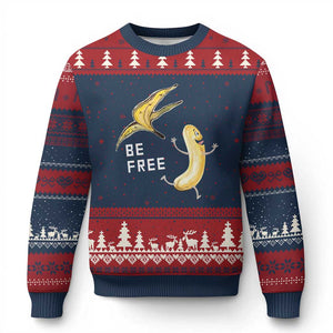 Funny Banana Striptease Be Free Graphic Ugly Christmas Sweater TS12 Navy Red Print Your Wear
