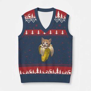 Funny Bananacat Meme Lover V-Neck Knit Sweater Vest Cute Kitty Banana Costume TS12 Navy Red Print Your Wear