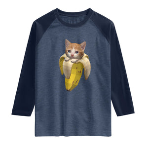 Funny Bananacat Meme Lover Raglan Shirt Cute Kitty Banana Costume TS12 Heather Denim Navy Print Your Wear