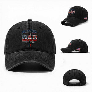 Promoted To Dad Est 2026 American Flag Washed Cotton Baseball Cap Patriotic New Dad Gift TS12 Washed Cap Universal Fit Black Print Your Wear