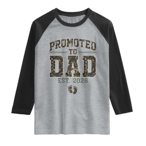 Camouflage Promoted To Dad Est 2026 Raglan Shirt Camo Pregnancy Announcement Graphic TS12 Heather Gray Black Print Your Wear