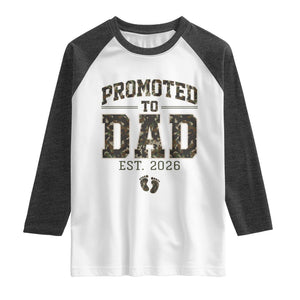 Camouflage Promoted To Dad Est 2026 Raglan Shirt Camo Pregnancy Announcement Graphic TS12 White Heather Charcoal Print Your Wear