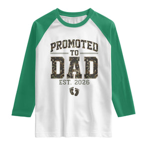 Camouflage Promoted To Dad Est 2026 Raglan Shirt Camo Pregnancy Announcement Graphic TS12 White Kelly Green Print Your Wear