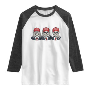 See No Crimes Hear No Truth Speak No Facts Raglan Shirt Skeleton Political Satire Graphic TS12 White Heather Charcoal Print Your Wear