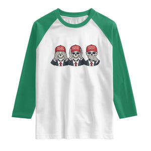 See No Crimes Hear No Truth Speak No Facts Raglan Shirt Skeleton Political Satire Graphic TS12 White Kelly Green Print Your Wear
