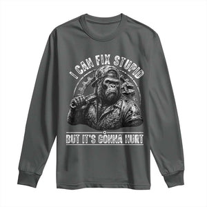 Funny Gorilla Mechanic Long Sleeve Shirt I Can Fix Stupid But Its Gonna Hurt TS12 Dark Heather Print Your Wear