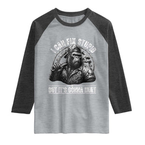 Funny Gorilla Mechanic Raglan Shirt I Can Fix Stupid But Its Gonna Hurt TS12 Heather Gray Heather Charcoal Print Your Wear