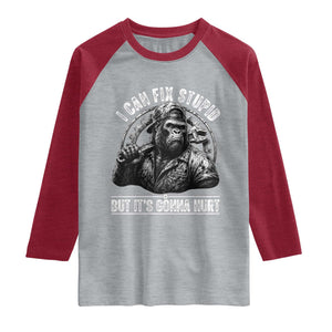 Funny Gorilla Mechanic Raglan Shirt I Can Fix Stupid But Its Gonna Hurt TS12 Heather Gray Heather Red Print Your Wear