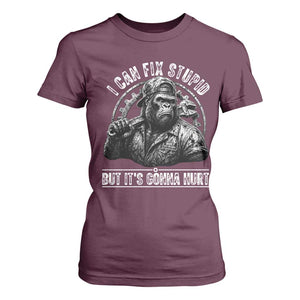 Funny Gorilla Mechanic T Shirt For Women I Can Fix Stupid But Its Gonna Hurt TS12 Maroon Print Your Wear