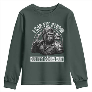 Funny Gorilla Mechanic Youth Sweatshirt I Can Fix Stupid But Its Gonna Hurt TS12 Dark Forest Green Print Your Wear