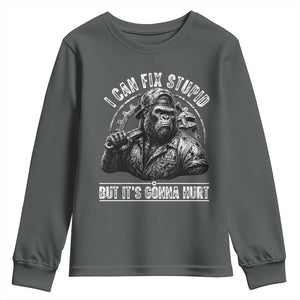 Funny Gorilla Mechanic Youth Sweatshirt I Can Fix Stupid But Its Gonna Hurt TS12 Dark Heather Print Your Wear