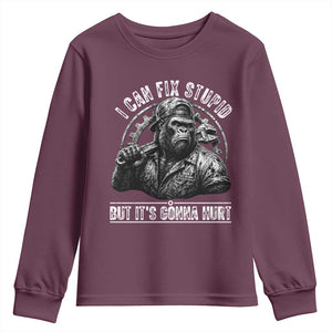 Funny Gorilla Mechanic Youth Sweatshirt I Can Fix Stupid But Its Gonna Hurt TS12 Maroon Print Your Wear